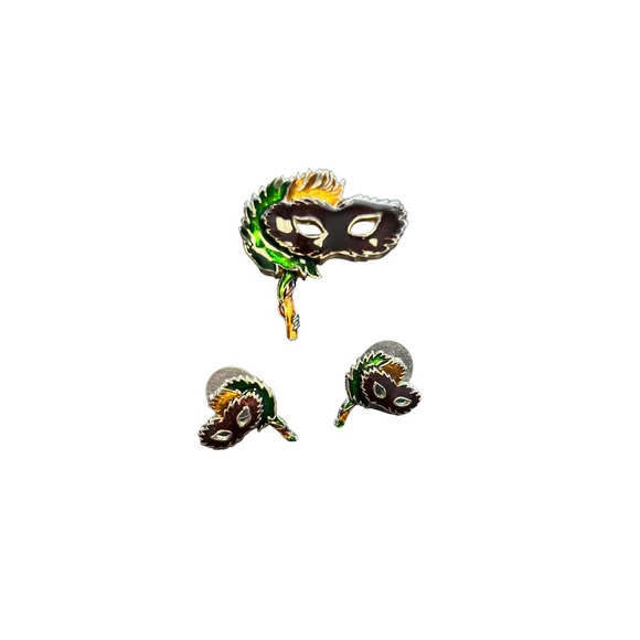 VTG Mardi Gras Mask Feathers Brooch Pin w/ Matching Earrings NOT MARKED - Picture 1 of 10